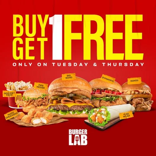 Burger Lab buy 1 get 1free deals
